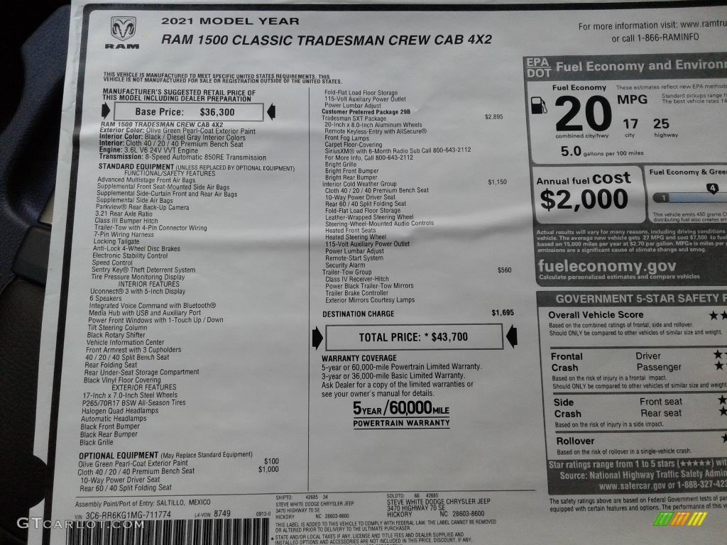 2021 Ram 1500 Classic Crew Cab Window Sticker Photo #143132229