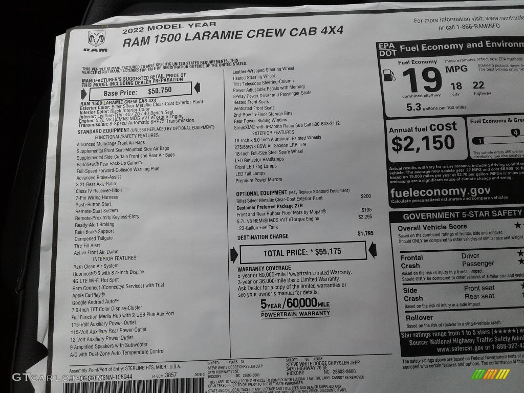 2022 Ram 1500 Laramie Crew Cab 4x4 Window Sticker Photo #143141658