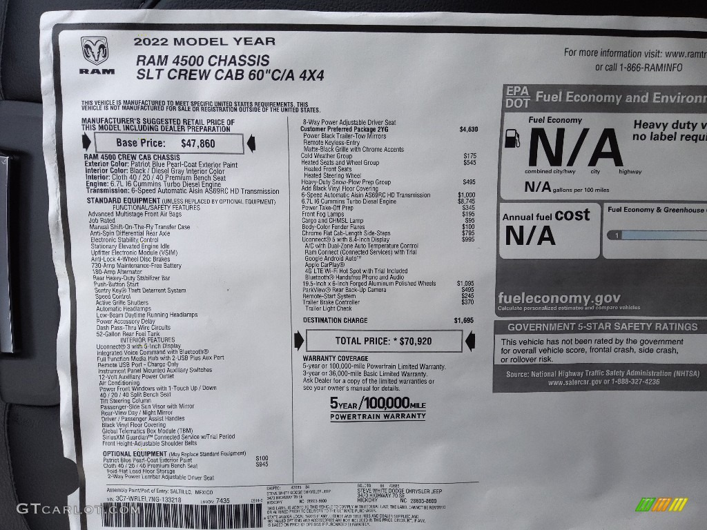 2022 Ram 4500 SLT Crew Cab 4x4 Chassis Window Sticker Photos