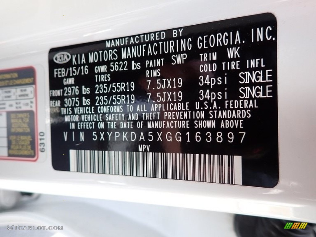 2016 Kia Sorento SX V6 AWD Color Code Photos