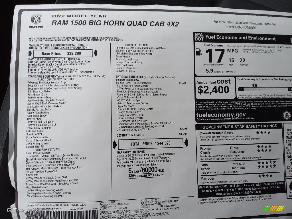 2022 Ram 1500 Big Horn Quad Cab Window Sticker Photo #143227185