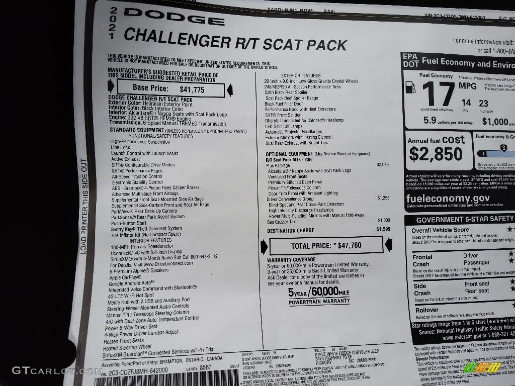 2021 Dodge Challenger R/T Scat Pack Window Sticker Photo #143227890
