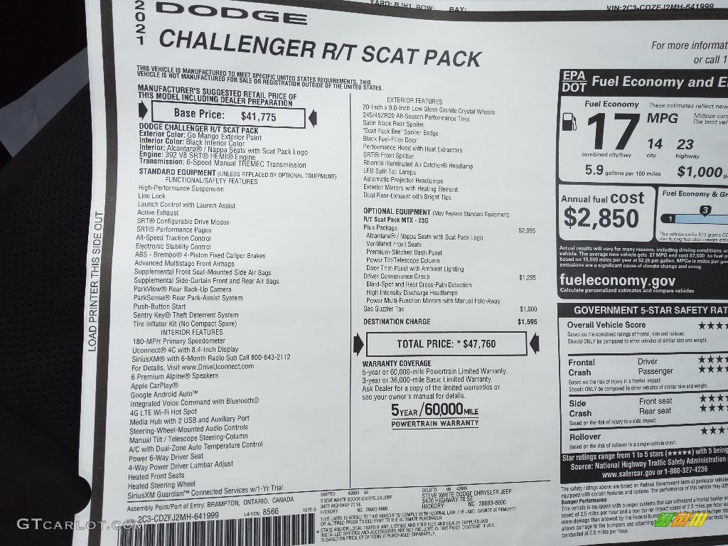2021 Dodge Challenger R/T Scat Pack Window Sticker Photo #143228529