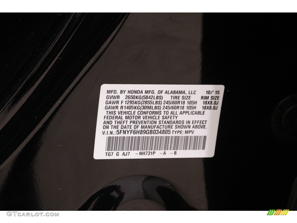 2016 Honda Pilot EX-L AWD Color Code Photos