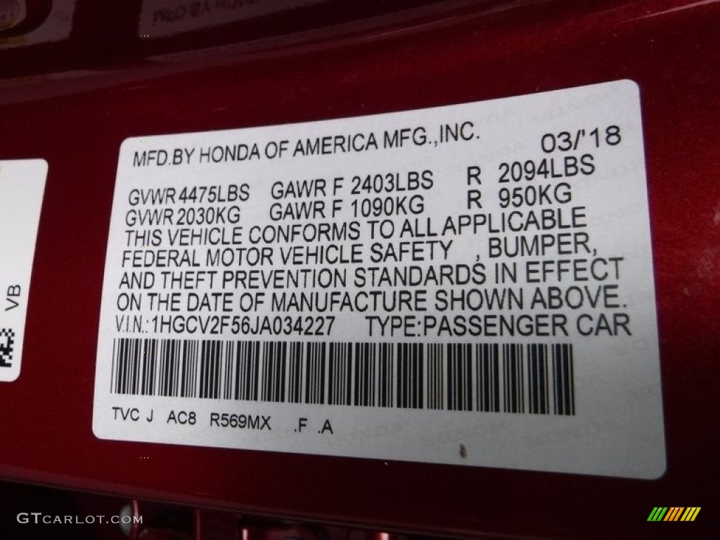 2018 Accord Color Code R569MX for Radiant Red Metallic Photo #143244879