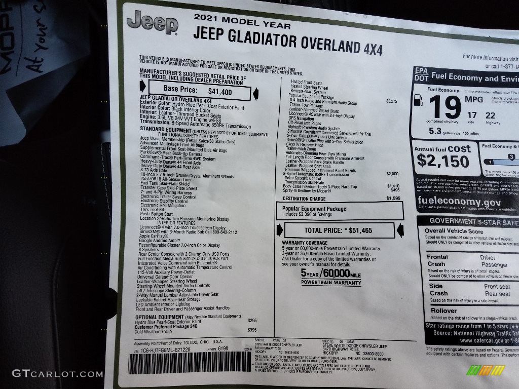 2021 Gladiator Overland 4x4 - Hydro Blue Pearl / Black photo #30