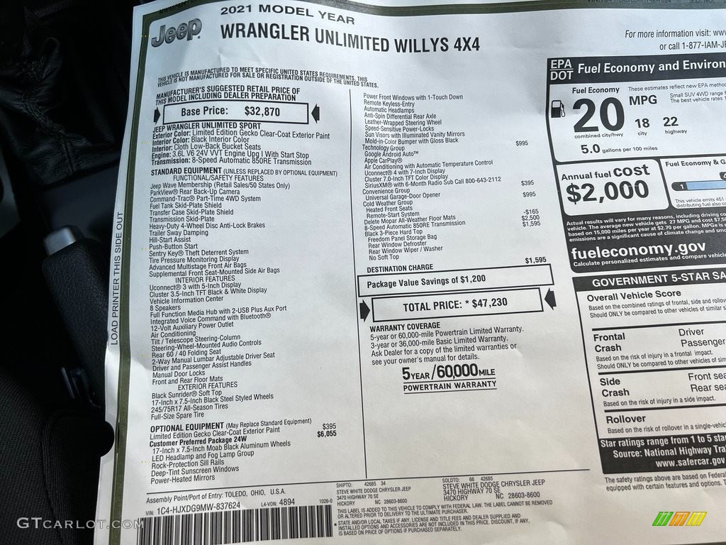 2021 Jeep Wrangler Unlimited Willys 4x4 Window Sticker Photo #143252213