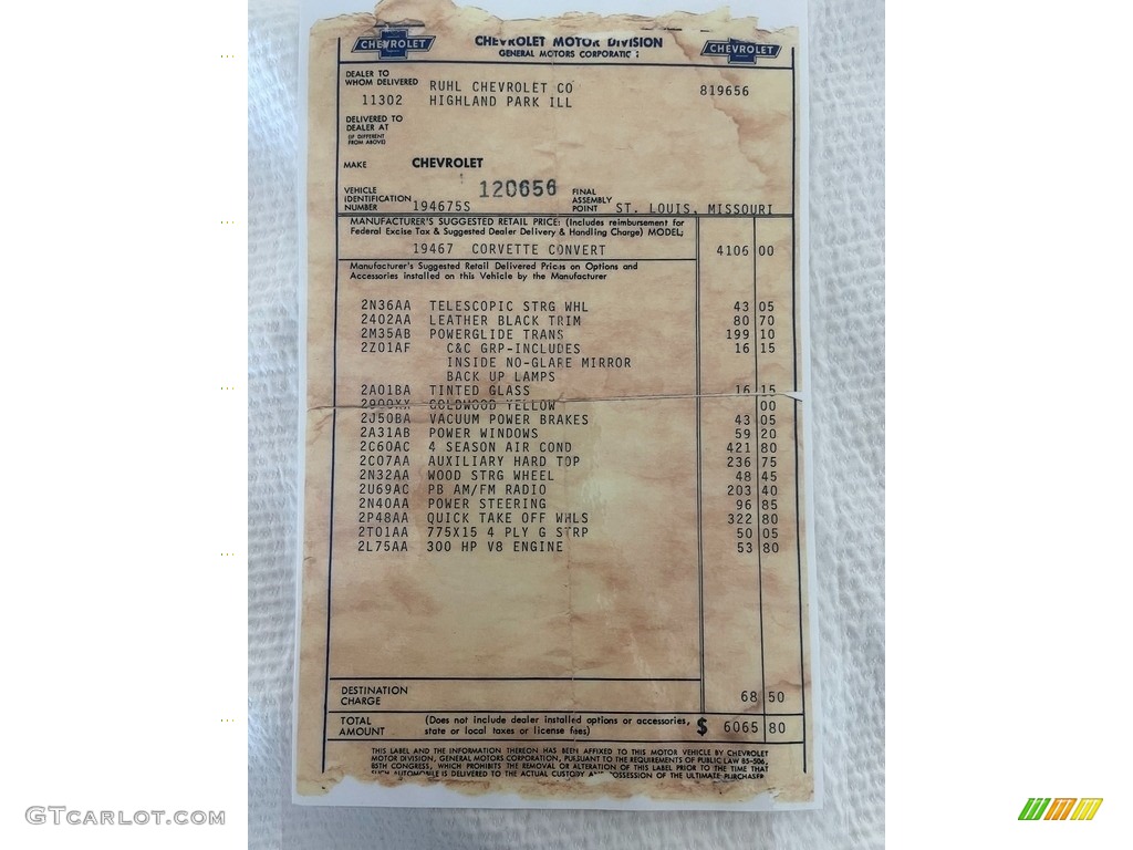 1965 Chevrolet Corvette Sting Ray Convertible Window Sticker Photo #143252306