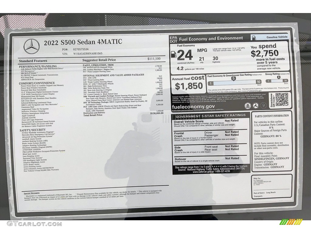 2022 Mercedes-Benz S 500 4Matic Sedan Window Sticker Photo #143270586