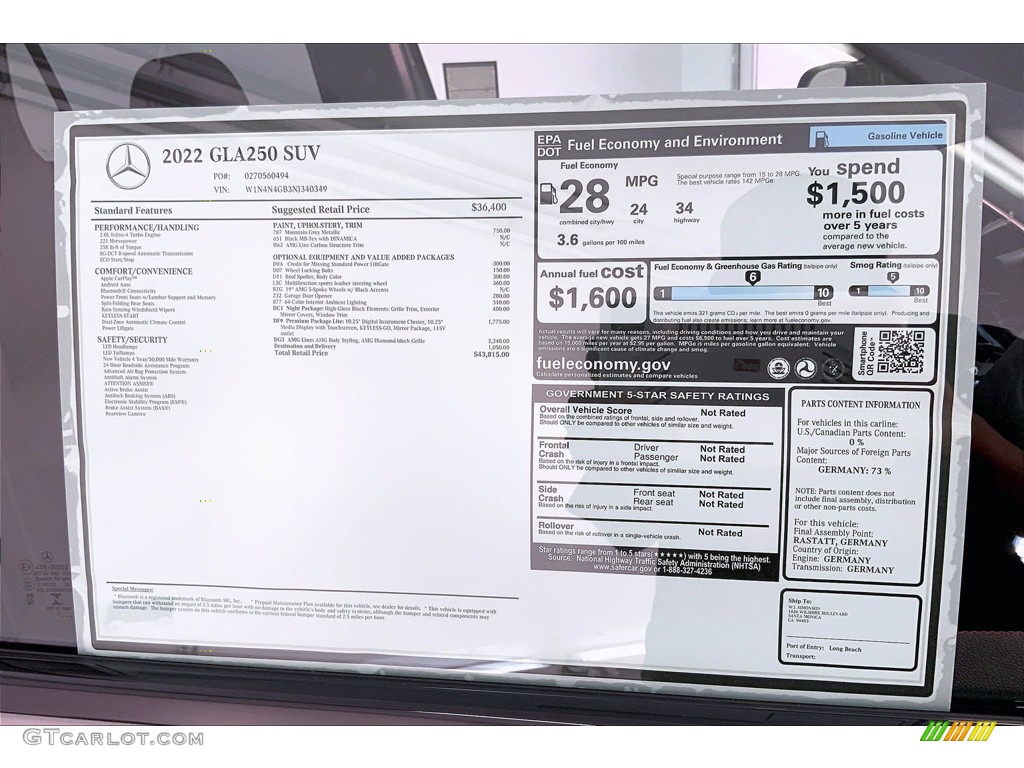 2022 Mercedes-Benz GLA 250 Window Sticker Photo #143305581
