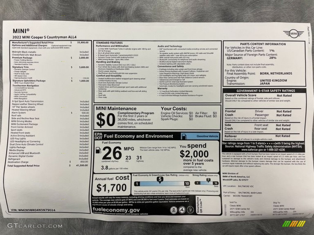 2022 Mini Countryman Cooper S All4 Window Sticker Photo #143313147