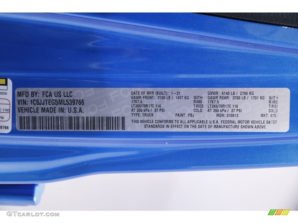 2021 Gladiator Color Code PBJ for Hydro Blue Pearl Photo #143317220