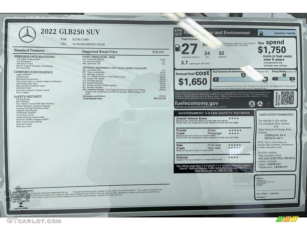 2022 Mercedes-Benz GLB 250 Window Sticker Photo #143331461