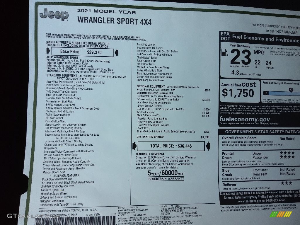 2021 Wrangler Sport 4x4 - Hydro Blue Pearl / Black photo #25