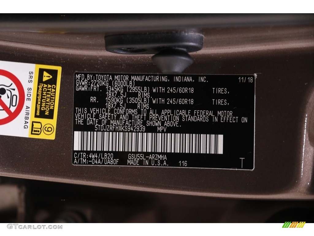 2019 Highlander XLE AWD - Toasted Walnut Pearl / Black photo #22