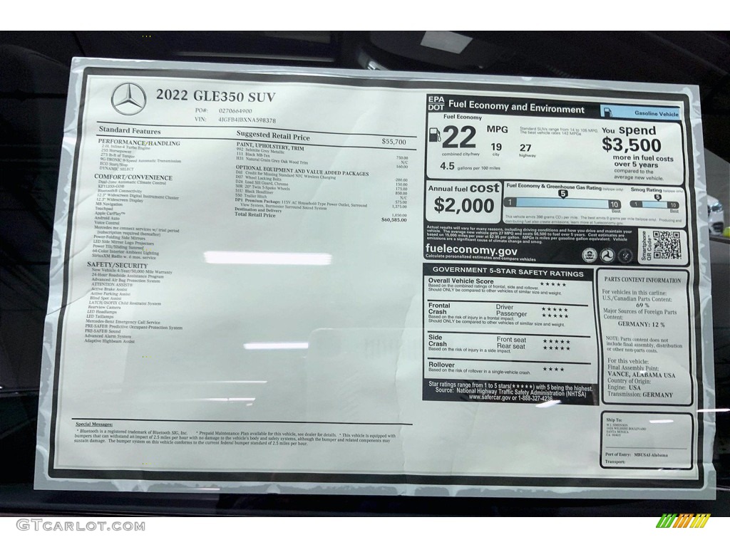 2022 Mercedes-Benz GLE 350 Window Sticker Photo #143371193