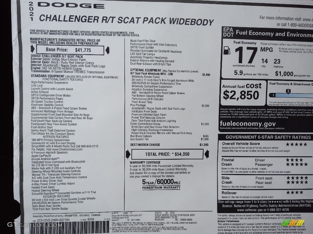 2021 Dodge Challenger R/T Scat Pack Widebody Window Sticker Photo #143383669