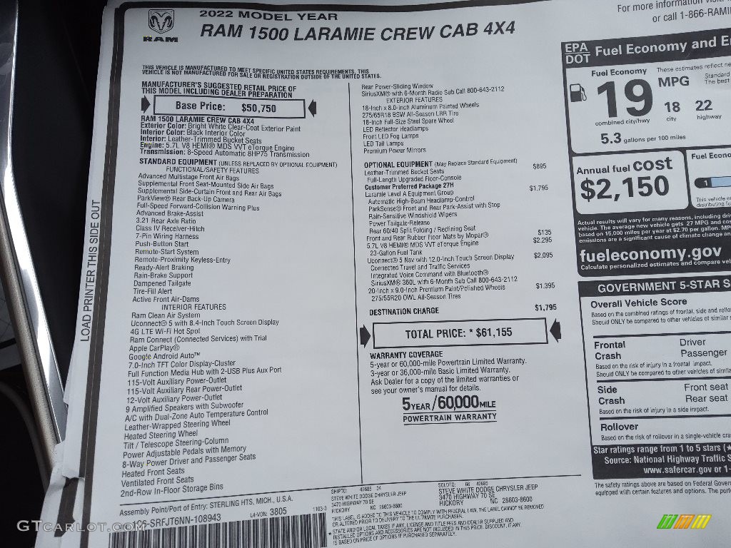 2022 1500 Laramie Crew Cab 4x4 - Bright White / Black photo #31