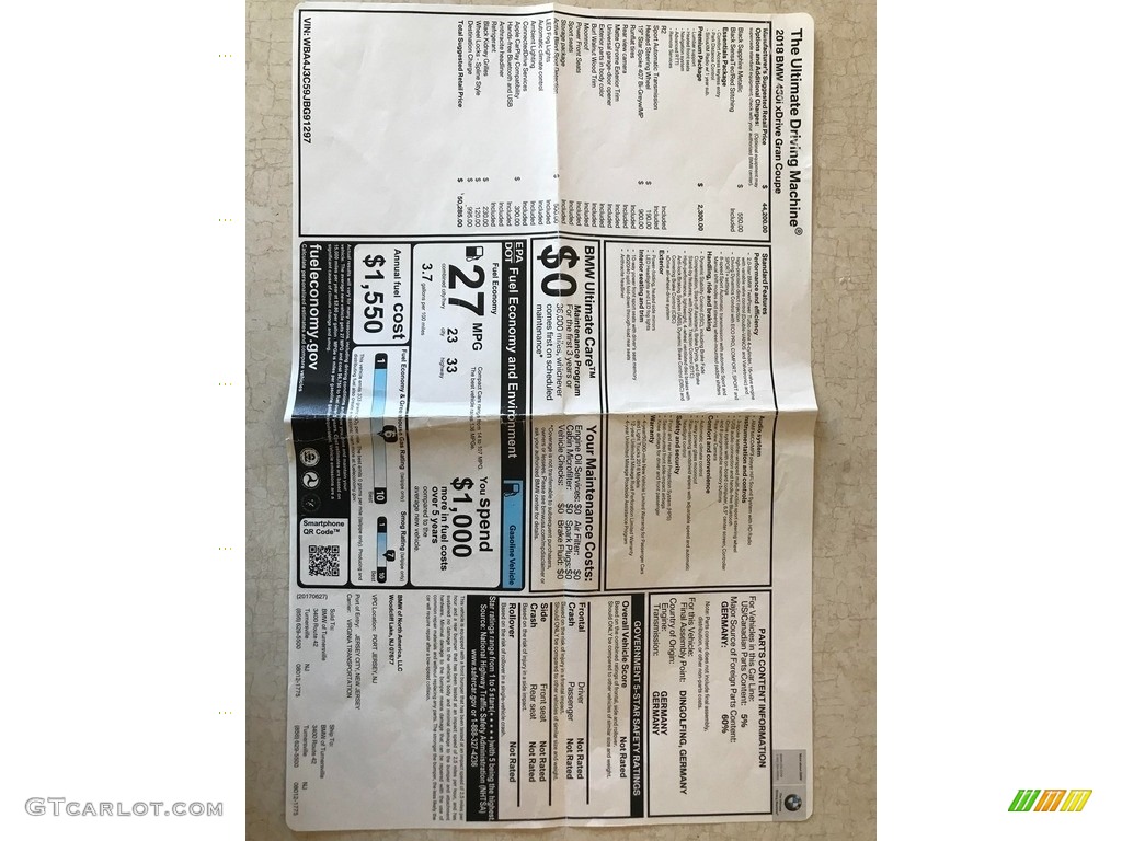 2018 BMW 4 Series 430i xDrive Gran Coupe Window Sticker Photos