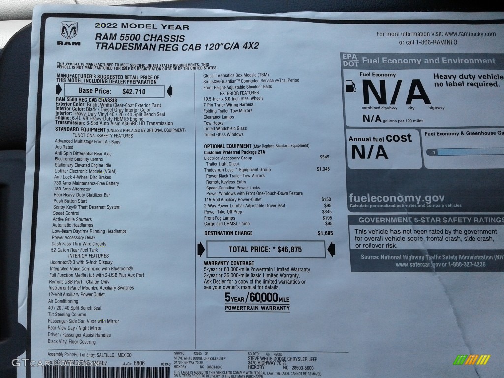 2022 Ram 5500 Tradesman Regular Cab 4x4 Chassis Window Sticker Photos