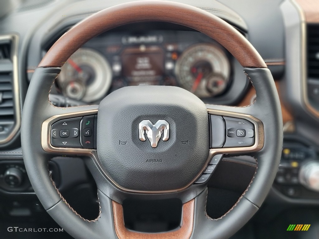 2022 Ram 1500 Limited Longhorn Crew Cab 4x4 Black/New Saddle Steering Wheel Photo #143444442