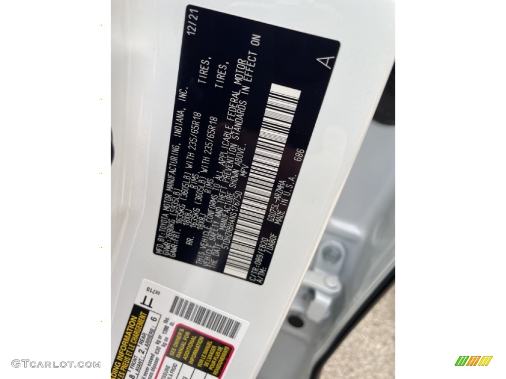2022 Highlander Color Code 089 for Wind Chill Pearl Photo #143453493