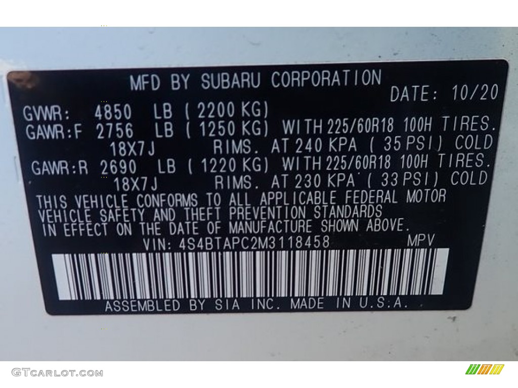 2021 Outback 2.5i Touring - Crystal White Pearl / Java Brown photo #47