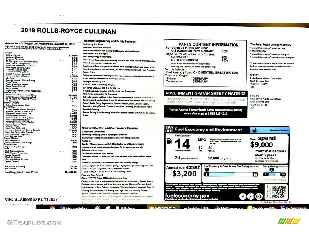 2019 Rolls-Royce Cullinan Standard Cullinan Model Window Sticker Photos