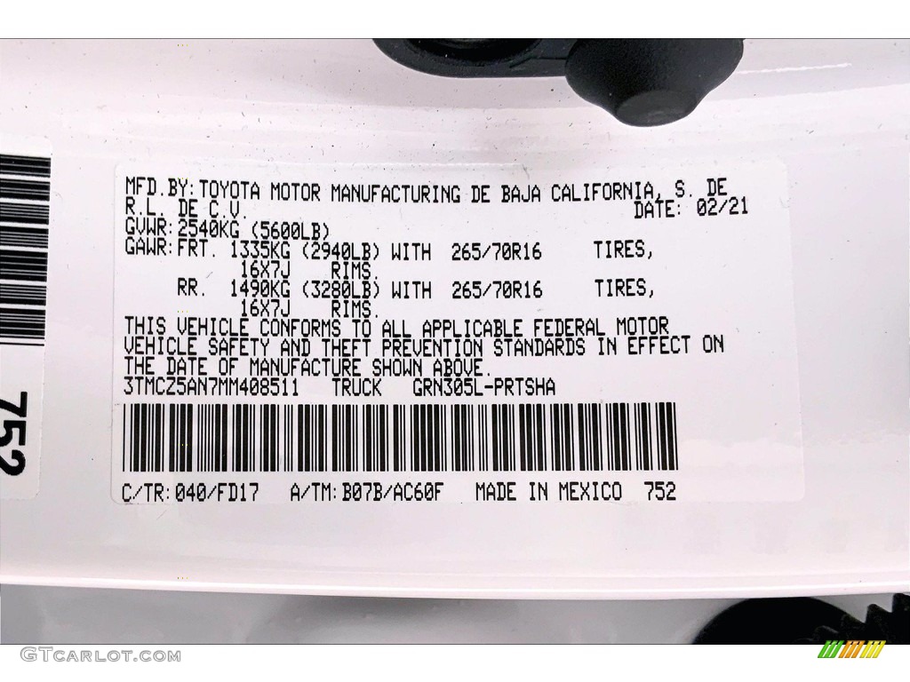 2021 Tacoma Color Code 040 for Super White Photo #143471213