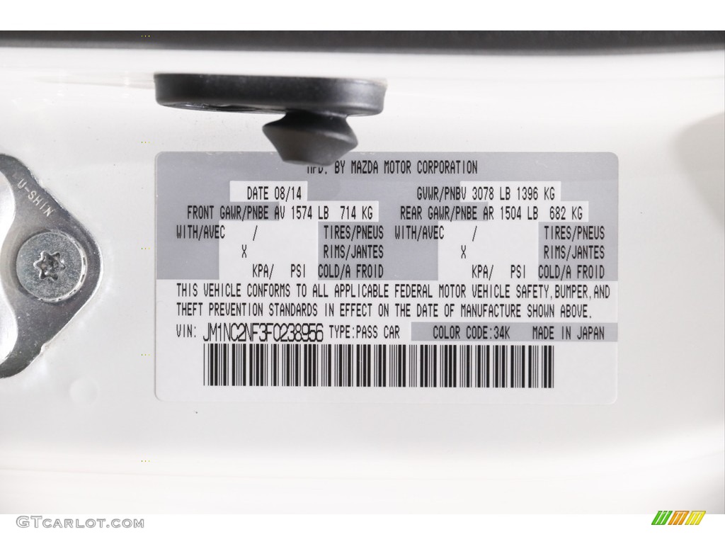 2015 MX-5 Miata Color Code 34K for Crystal White Pearl Photo #143482083