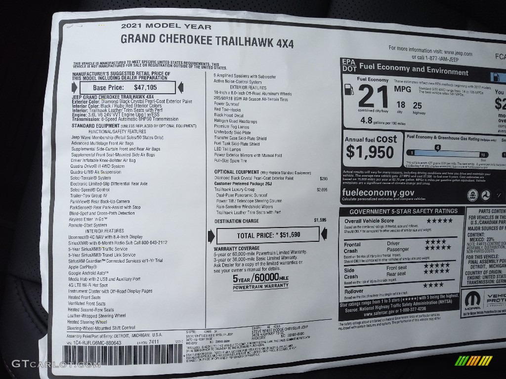 2021 Jeep Grand Cherokee Trailhawk 4x4 Window Sticker Photo #143493034