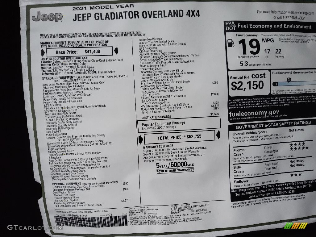 2021 Jeep Gladiator Overland 4x4 Window Sticker Photo #143495796