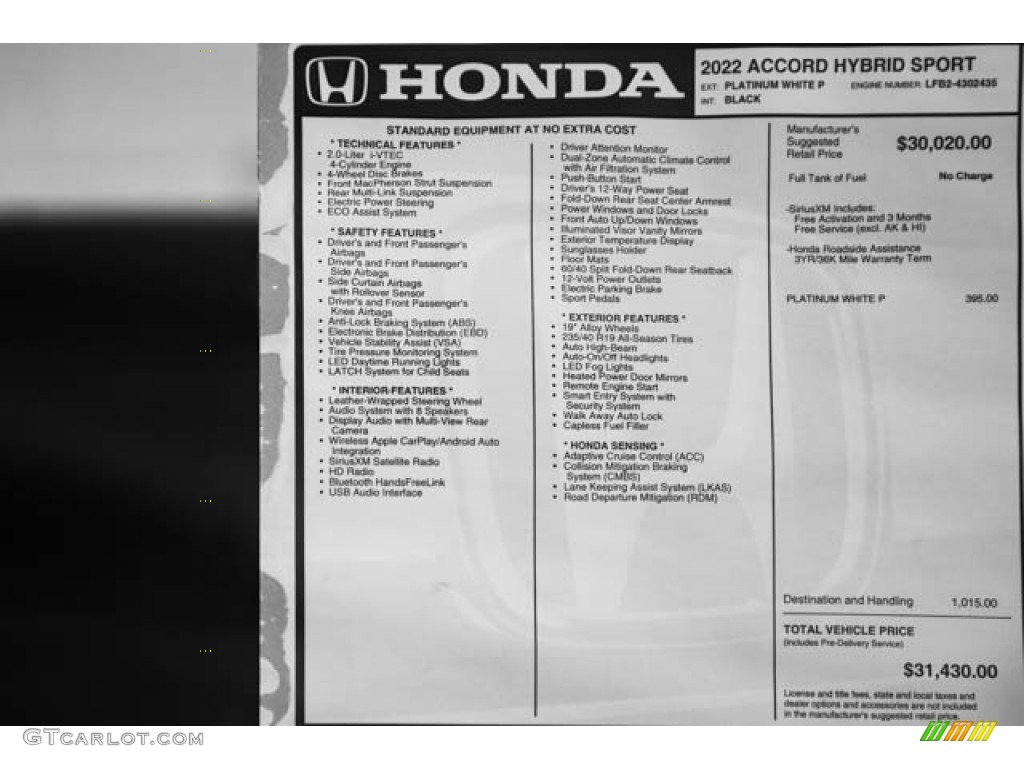 2022 Honda Accord Sport Hybrid Window Sticker Photo #143498349