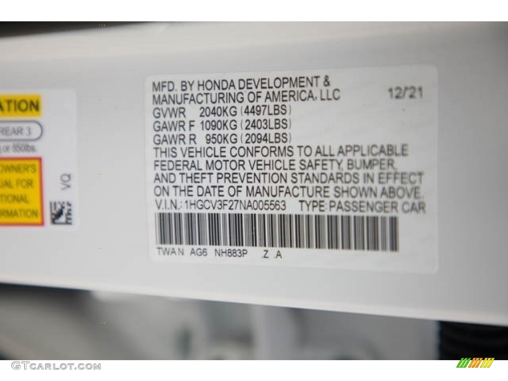 2022 Accord Color Code NH883P for Platinum White Pearl Photo #143498361