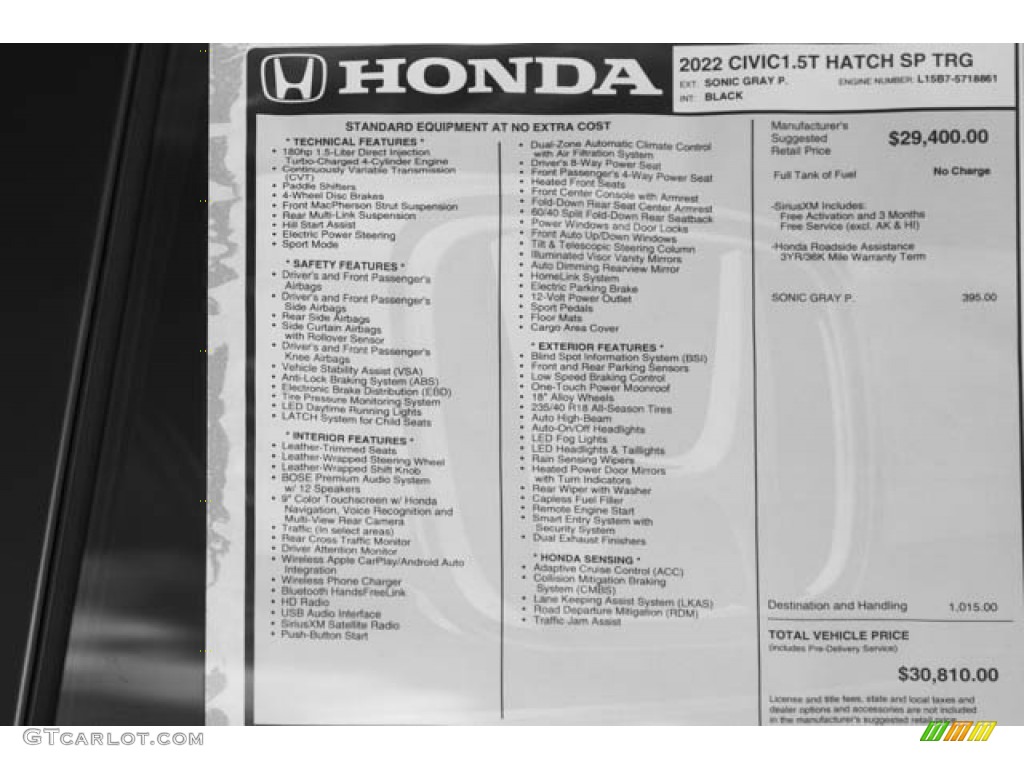 2022 Honda Civic Sport Touring Hatchback Window Sticker Photo #143500313