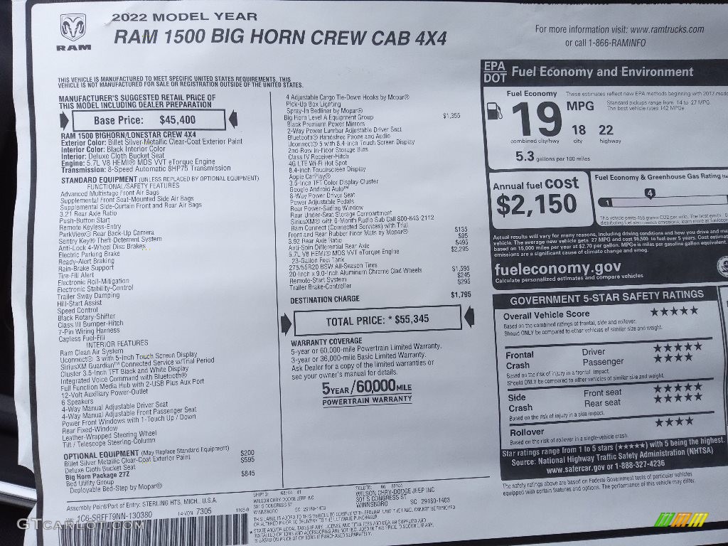 2022 Ram 1500 Big Horn Crew Cab 4x4 Window Sticker Photo #143503103