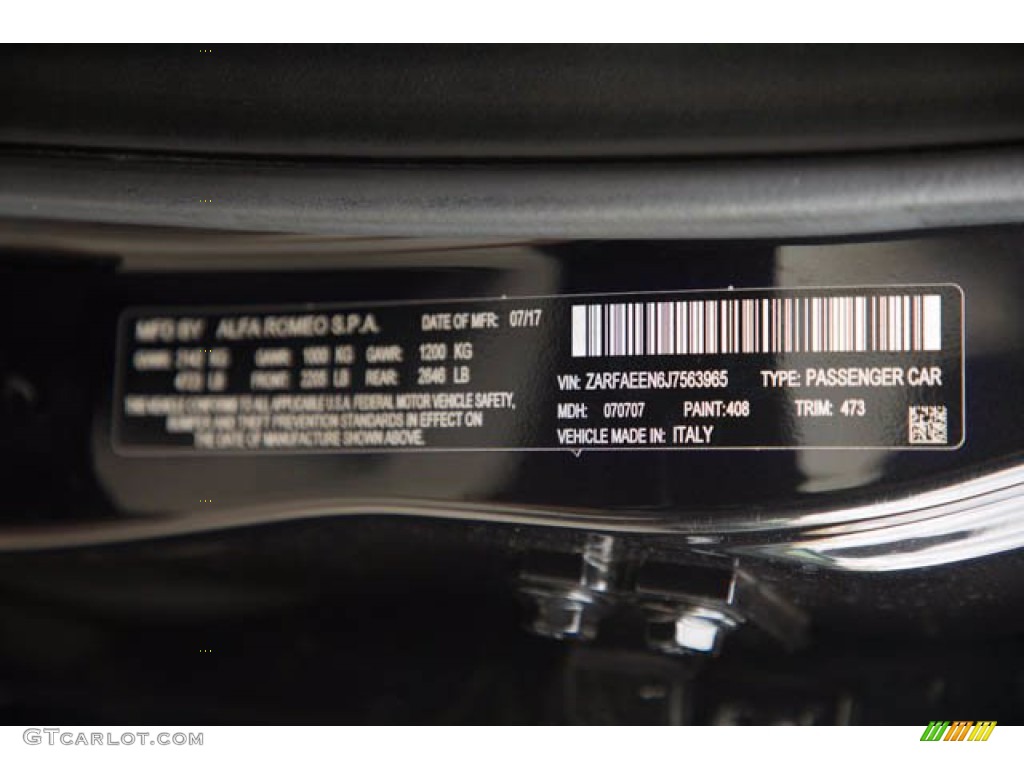 2018 Giulia Color Code 408 for Vulcano Black Metallic Photo #143522111