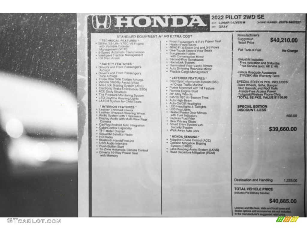 2022 Honda Pilot Special Edition Window Sticker Photo #143535399