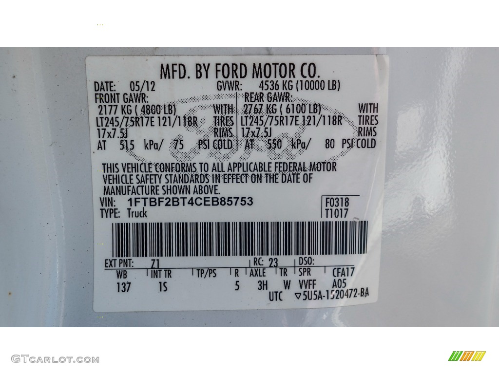 2012 Ford F250 Super Duty XL Regular Cab 4x4 Color Code Photos