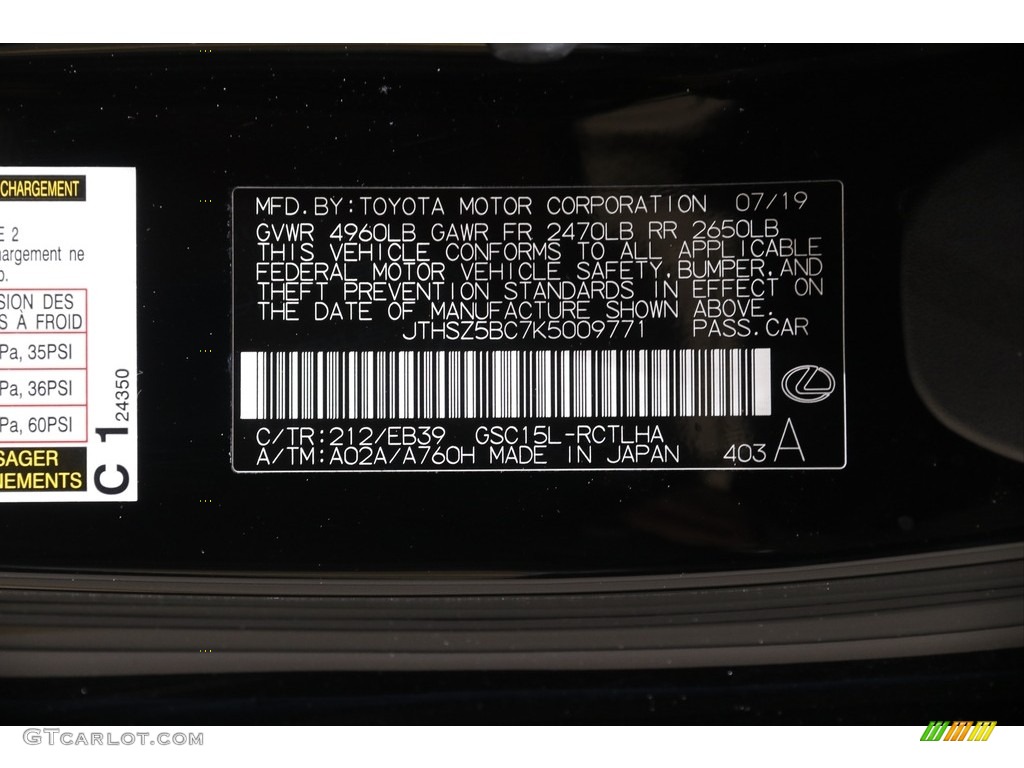 2019 Lexus RC 350 F Sport AWD Color Code Photos