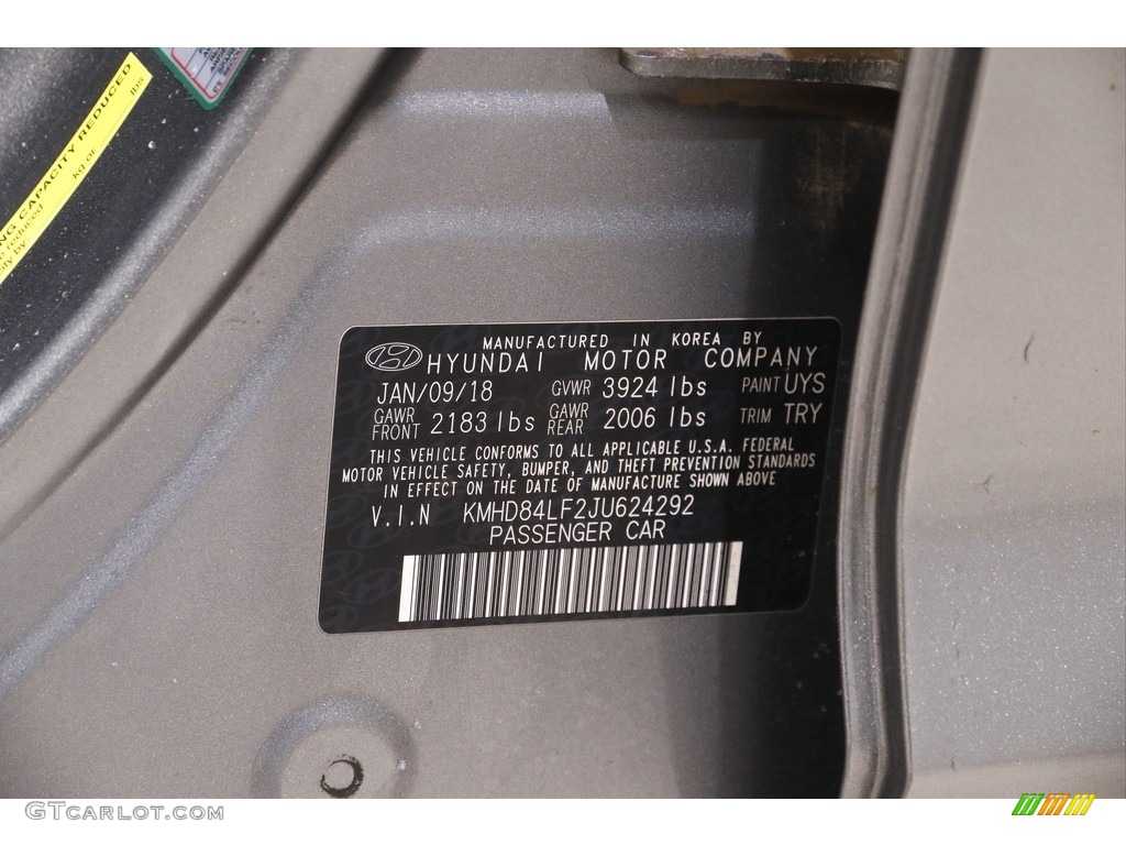 2018 Elantra SEL - Galactic Gray / Black photo #18