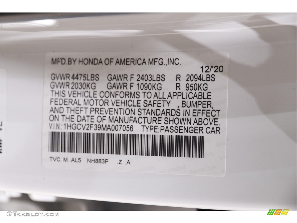 2021 Accord Color Code NH883P for Platinum White Pearl Photo #143552877