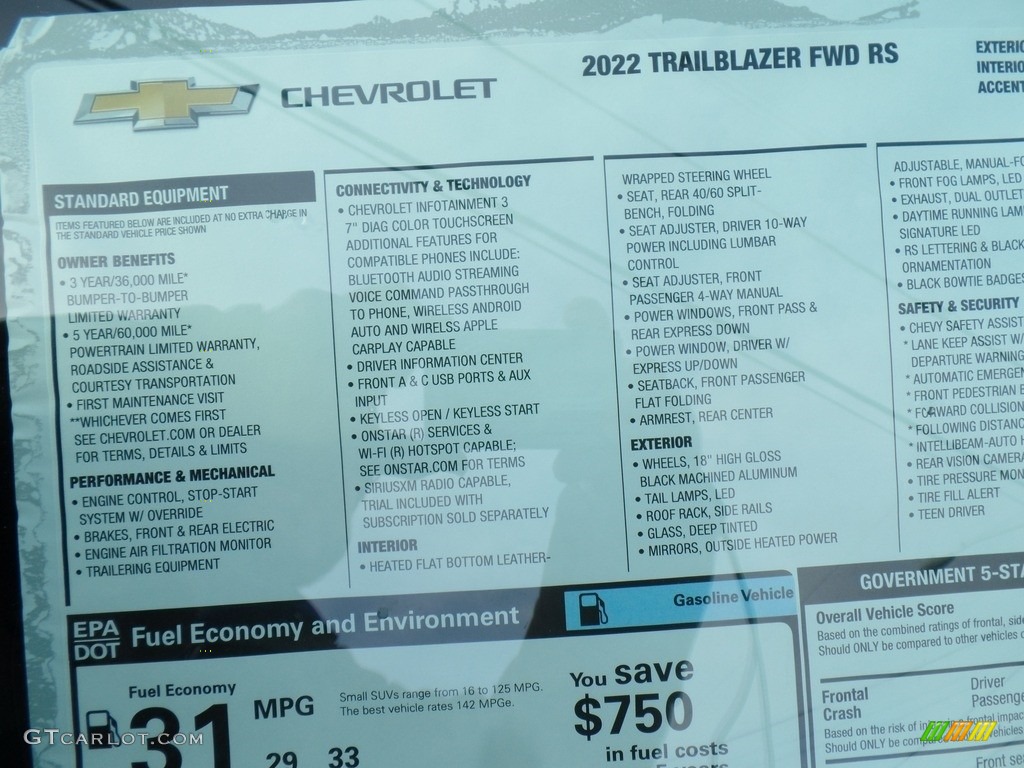 2022 Chevrolet TrailBlazer RS Window Sticker Photos