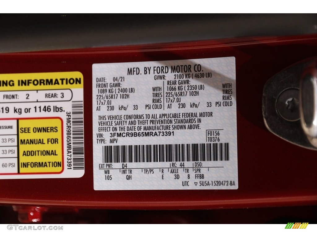 2021 Bronco Sport Color Code D4 for Rapid Red Metallic Photo #143560597