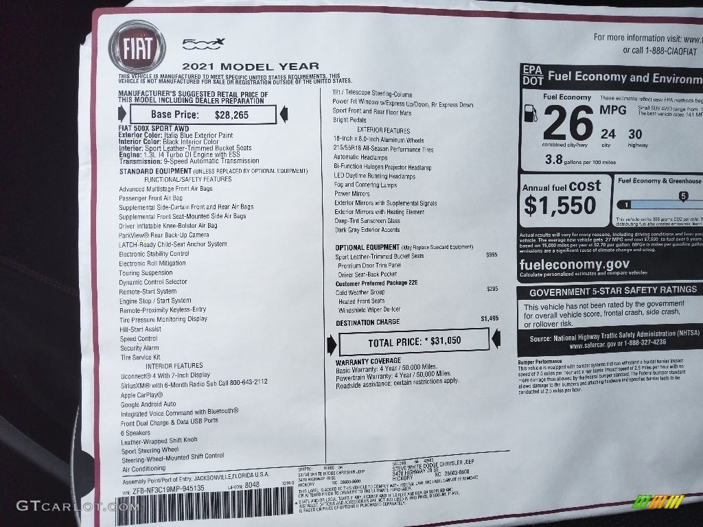 2021 Fiat 500X Sport AWD Window Sticker Photo #143563333
