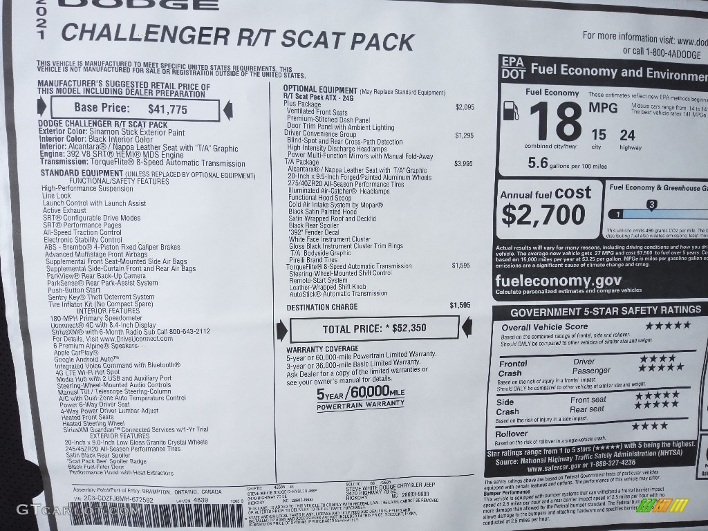 2021 Dodge Challenger T/A Window Sticker Photos