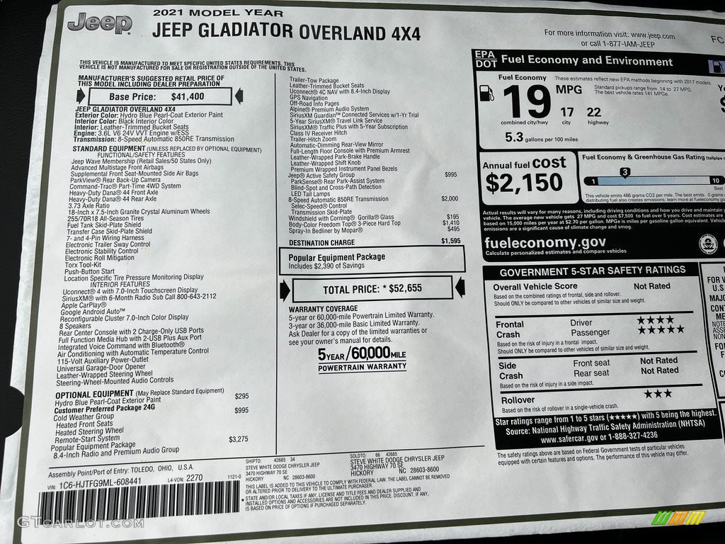 2021 Jeep Gladiator Overland 4x4 Window Sticker Photos