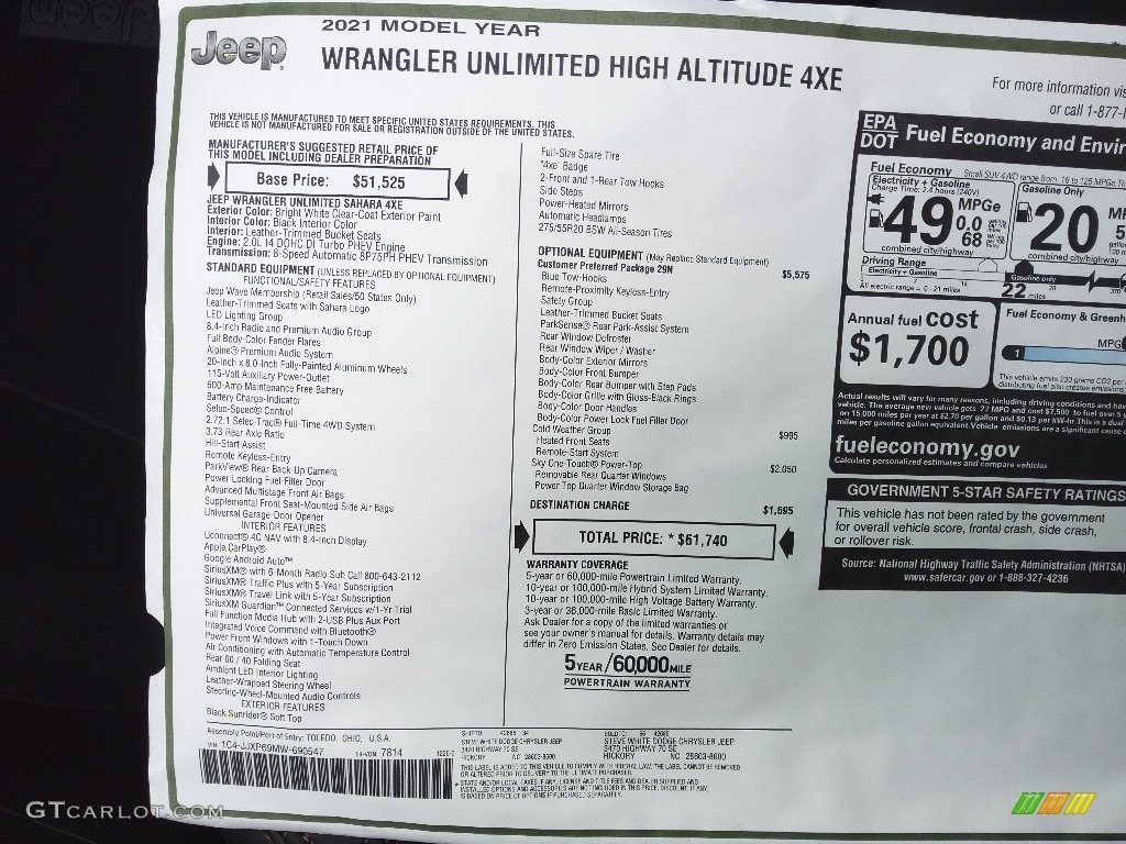 2021 Jeep Wrangler Unlimited High Altitude 4xe Hybrid Window Sticker Photo #143579497