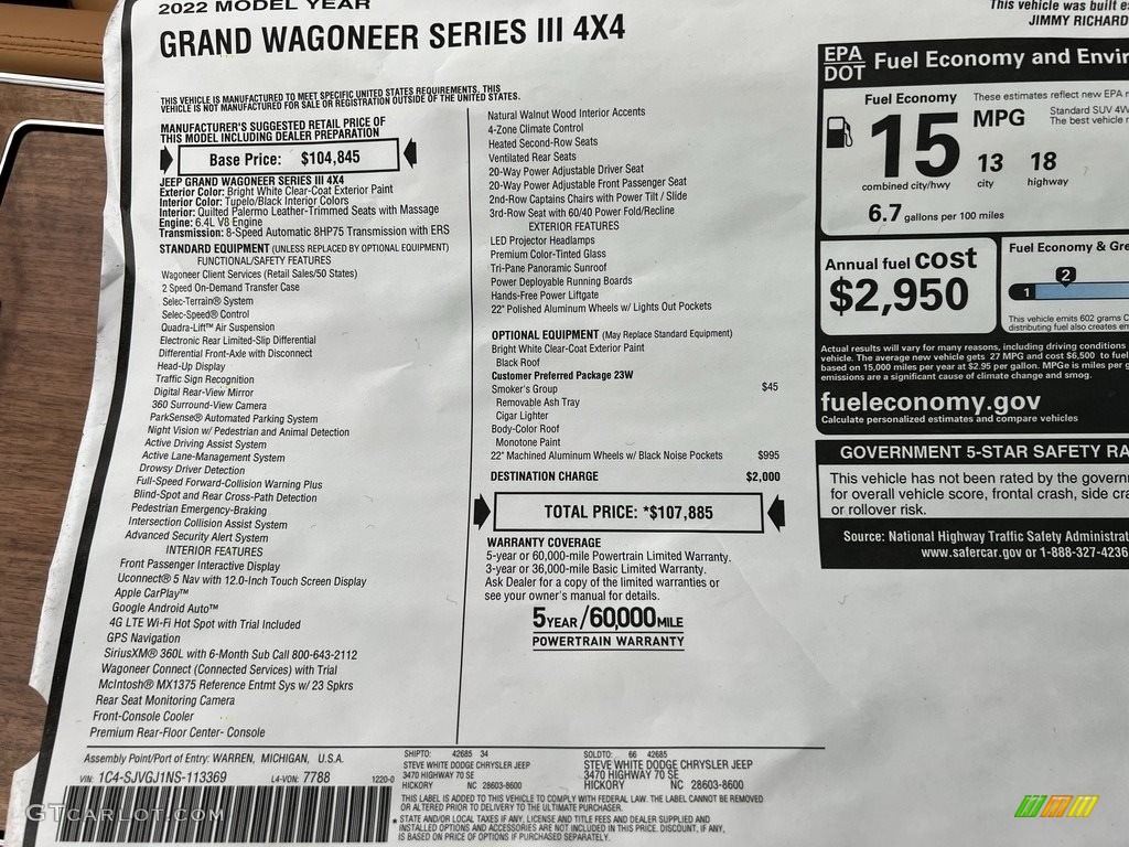 2022 Jeep Grand Wagoneer Series III 4x4 Window Sticker Photo #143580756