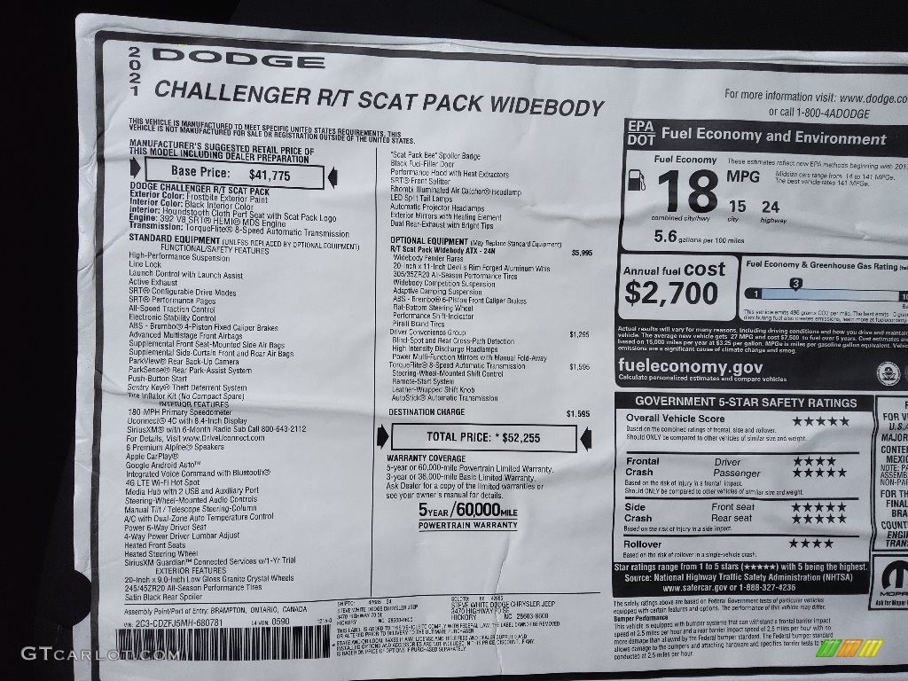 2021 Dodge Challenger R/T Scat Pack Widebody Window Sticker Photo #143581140